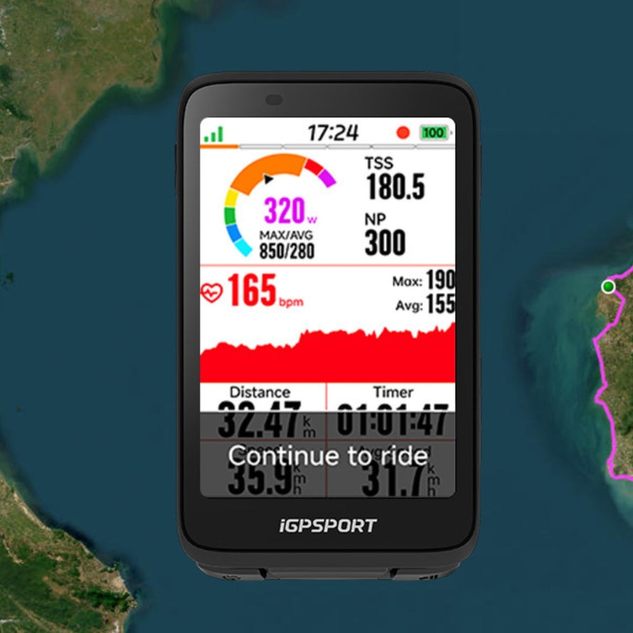 Compteur vélo GPS 222 iGPSPORT BiNavi affichant fréquence cardiaque et puissance en temps réel