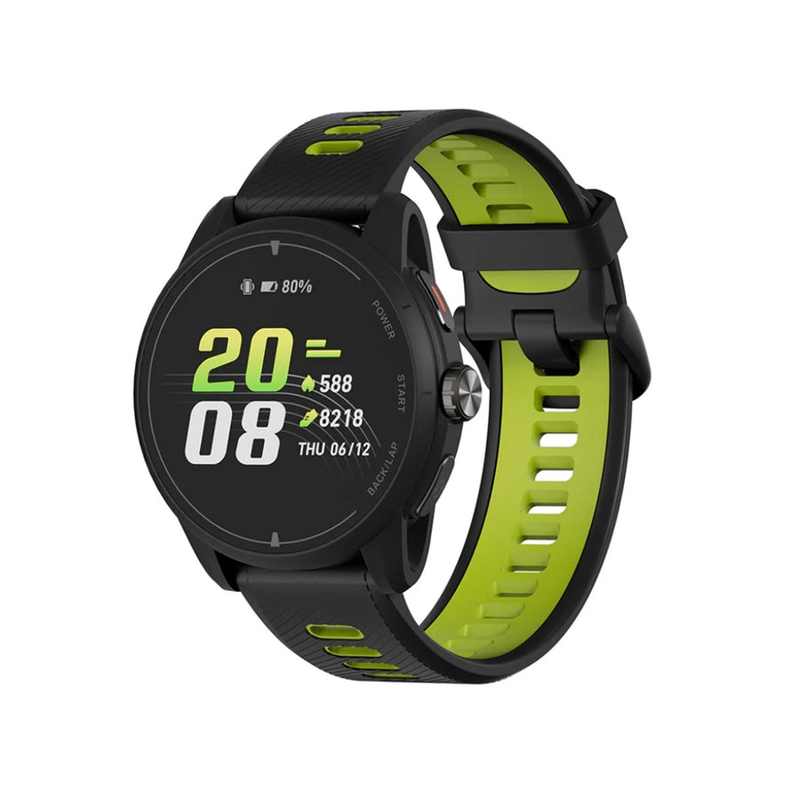 Montre GPS 222 iGPSPORT VeRUN noire et verte affichant heure et données sportives au poignet