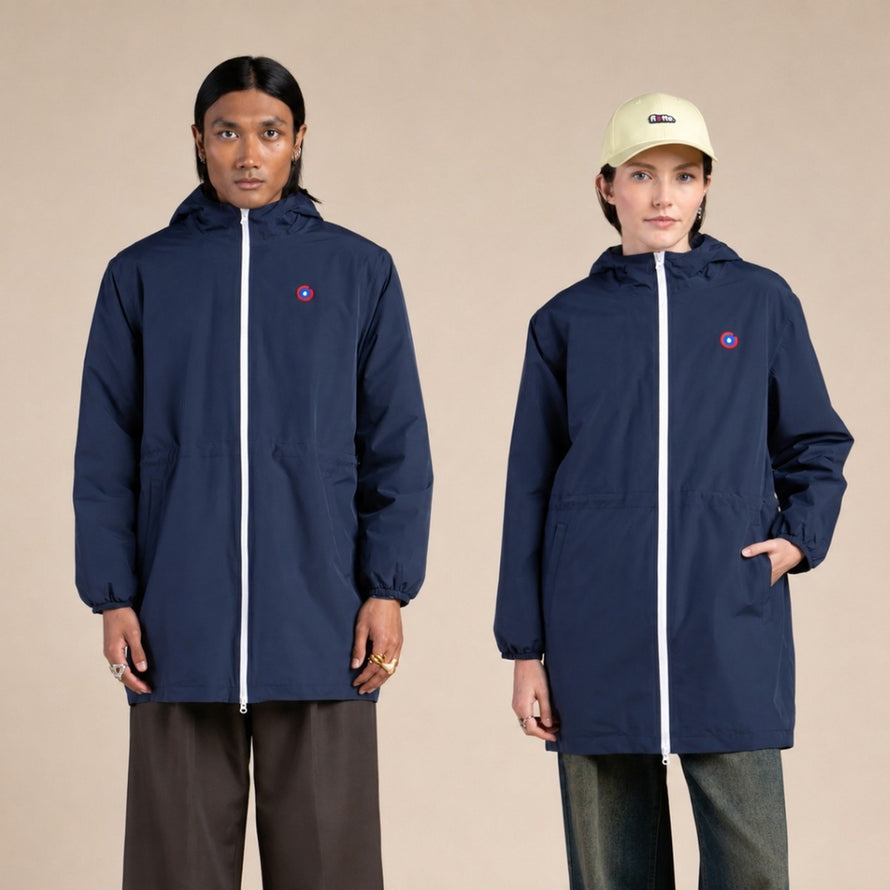 Imperméable long vélo mixte 998 modèle Amelot Flotte couleur marine avec capuche et zip blanc