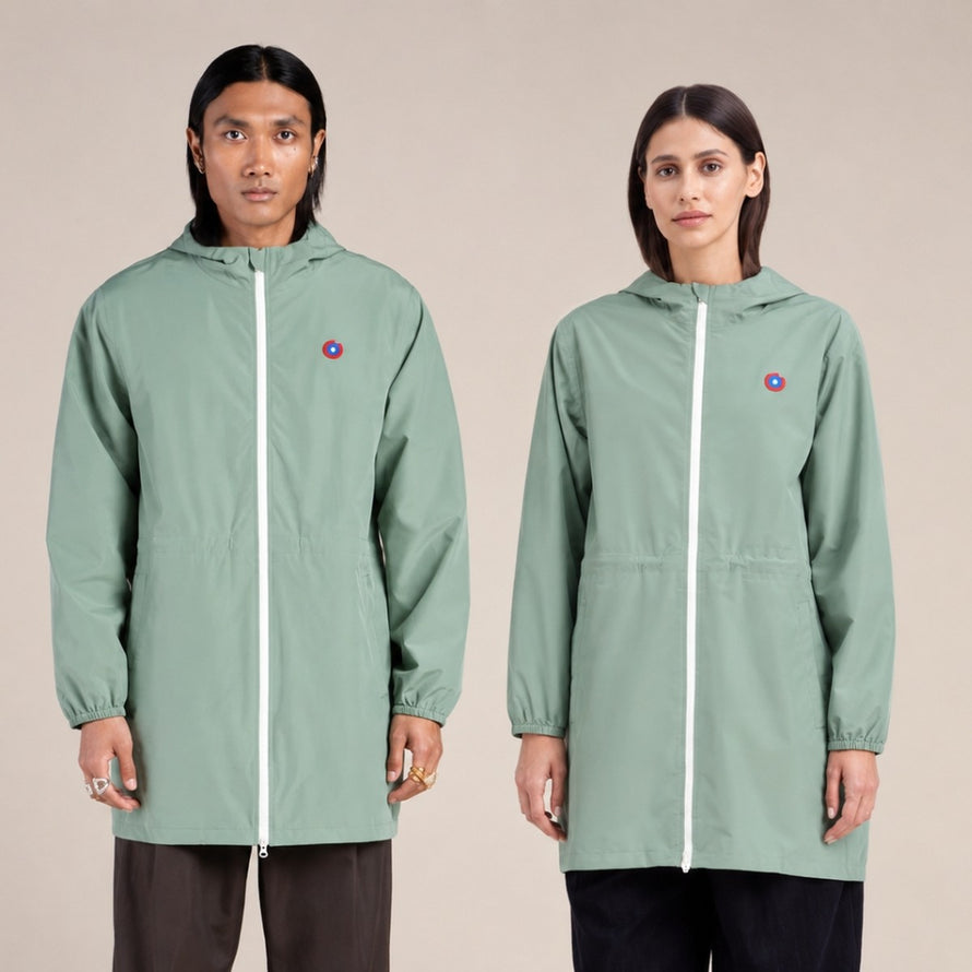 Imperméable long vélo mixte 998 modèle Amelot Flotte couleur sauge avec capuche et fermeture éclair blanche