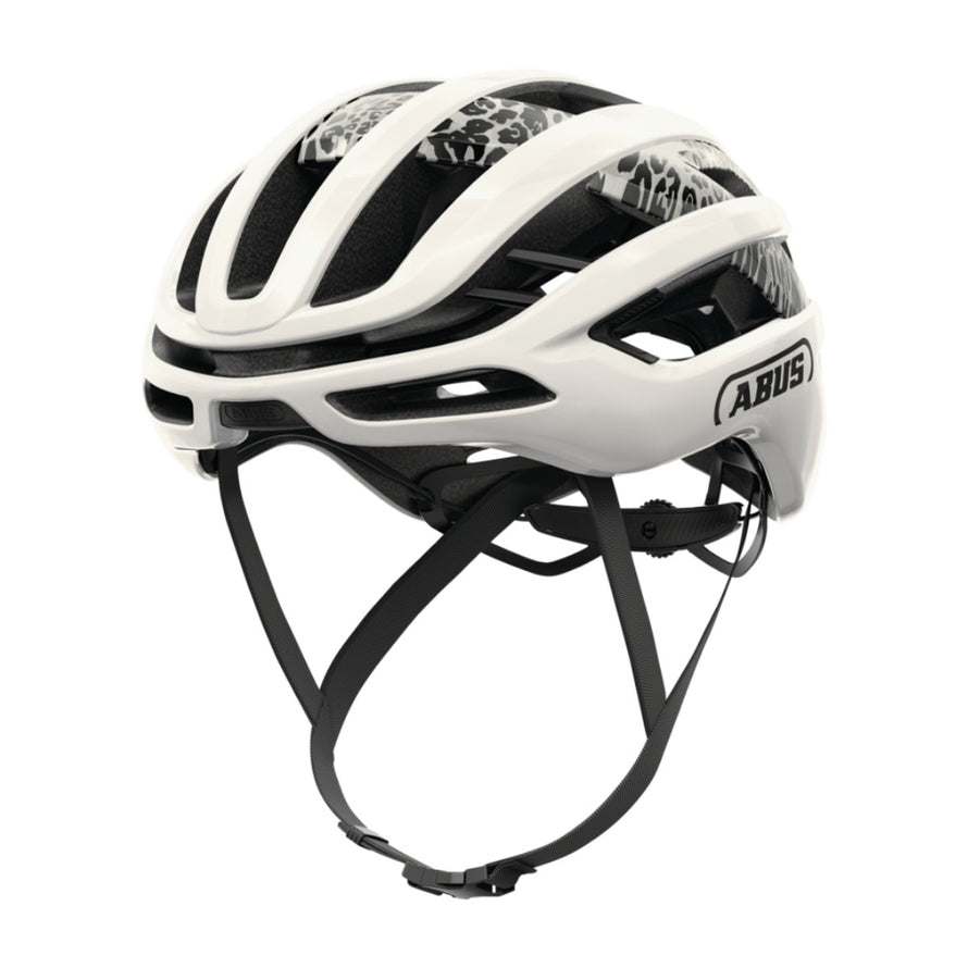 Casque velo route ABUS AirBreaker 2.0 blanc leger et aerodynamique avec motif leopard et ventilation avancee