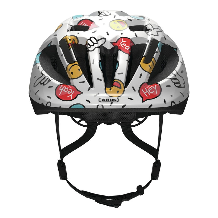 Casque vélo enfant Abus Smooty 2.0 blanc avec motifs bulles colorées pour siège vélo sécurisé et confortable