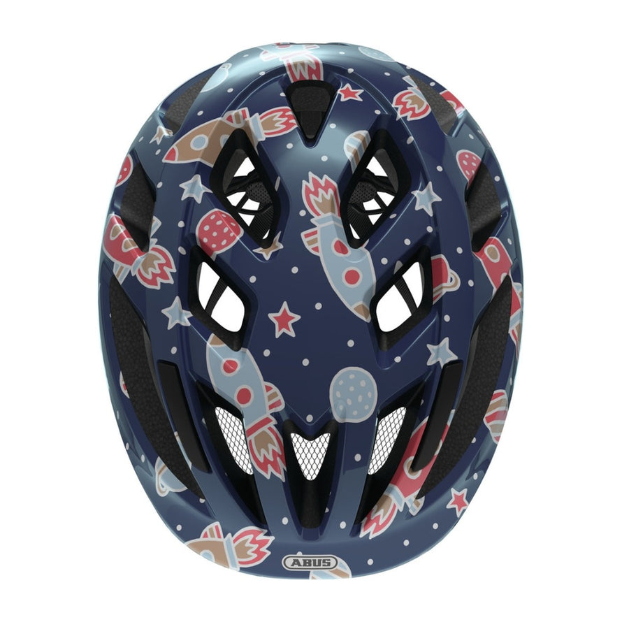 Casque vélo enfant Abus Smooty 2.0 bleu avec motifs fusées pour sécurité en siège vélo enfant