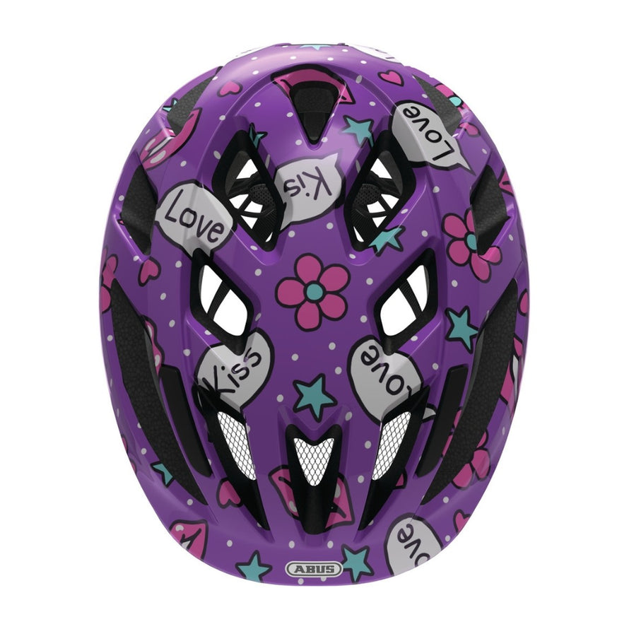 Casque vélo enfant Abus Smooty 2.0 violet avec motifs love et kiss pour protection en siège vélo