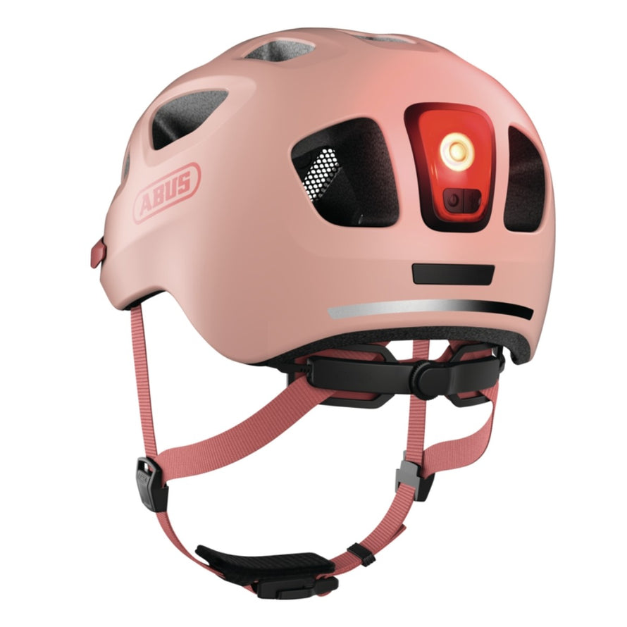 Casque velo urbain Abus Youn-I 3.0 ACE rose avec feu LED arriere pour une visibilite accrue en ville