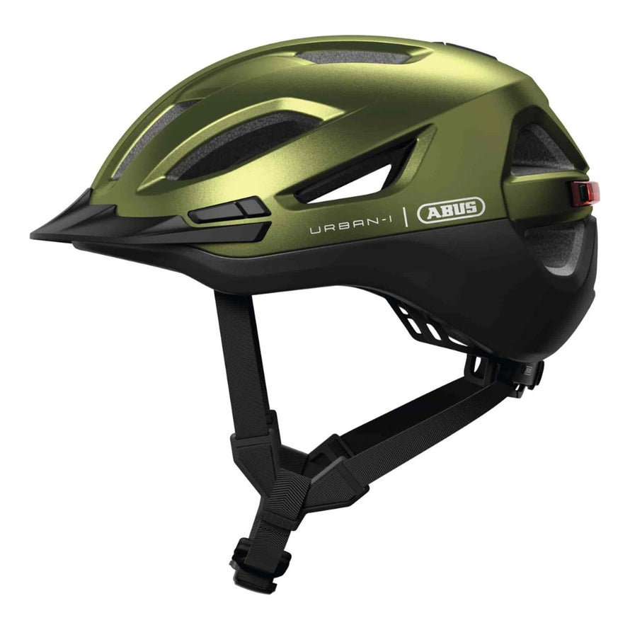 Casque vélo Abus Urban-I 4.0 vert avec lumière arrière intégrée pour sécurité et style urbain