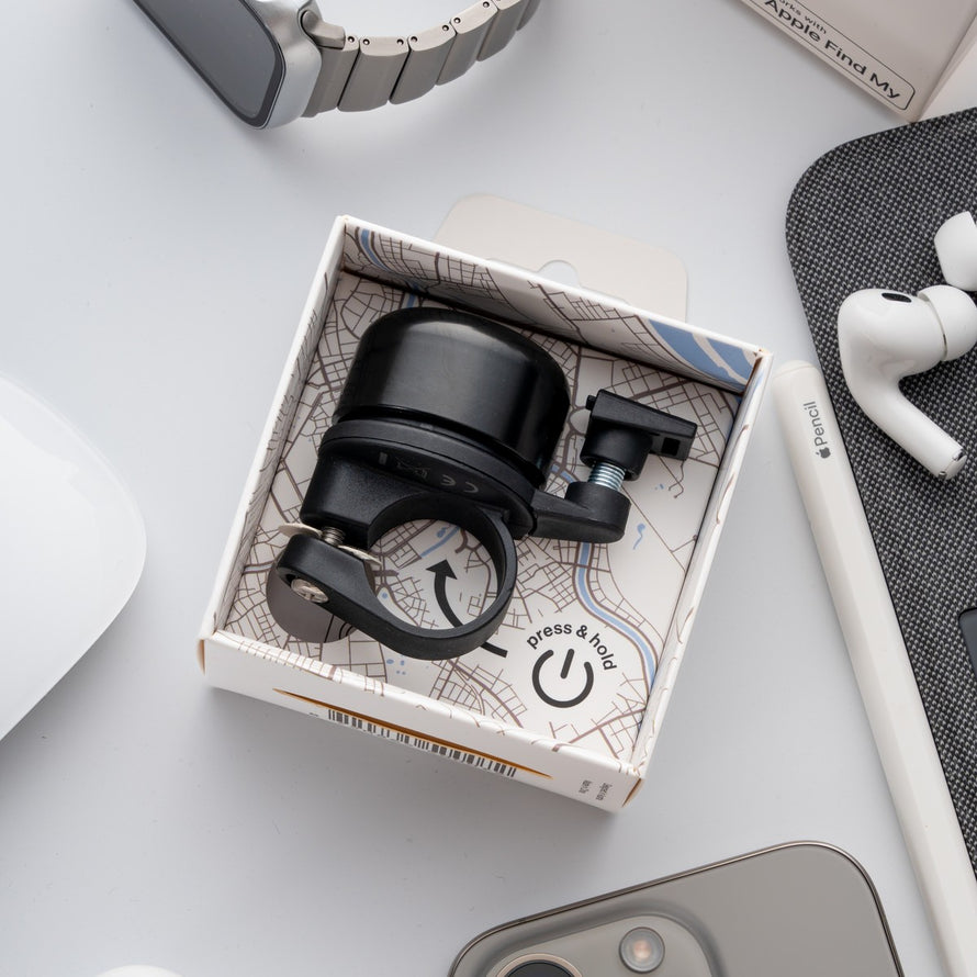 Sonnette AirBell Pro 22 mm noire compacte avec fixation rapide et design ergonomique pour vélo urbain