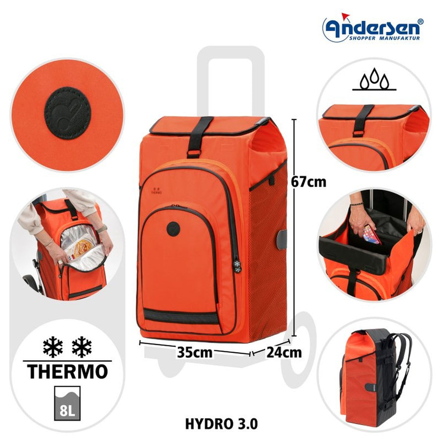 Caddie velo Andersen Royal Shopper avec sac isotherme 62L Hydro orange, ideal pour courses et provisions