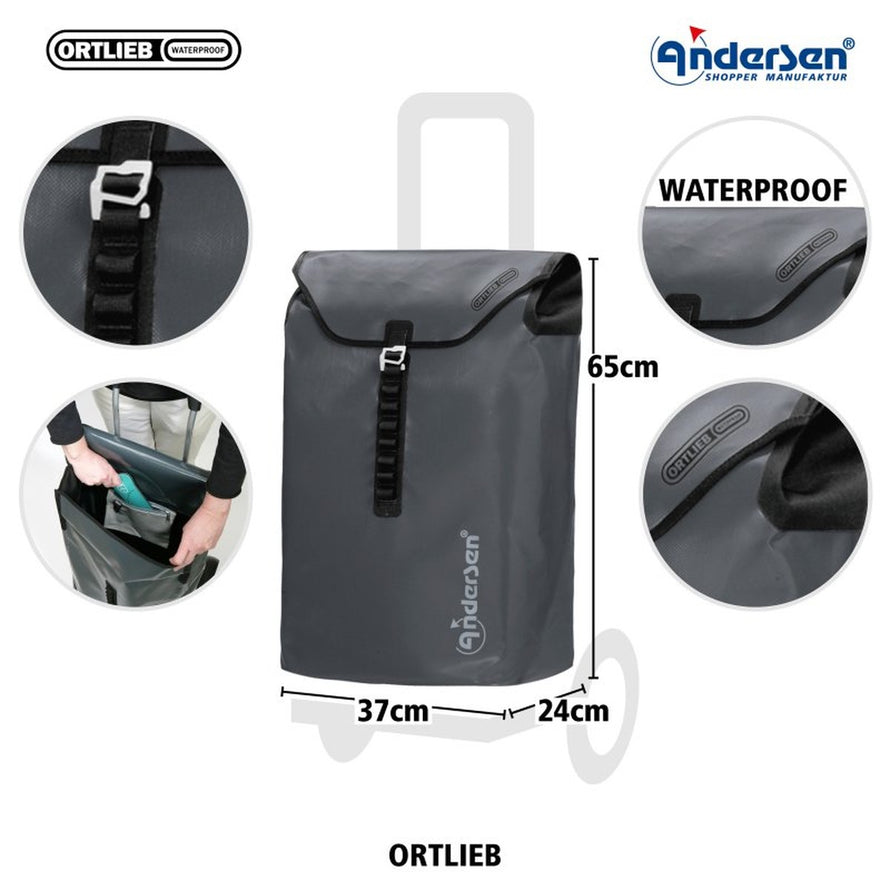Sac etanche Ortlieb noir pour caddie Andersen Royal Shopper, dimensions 65x37x24 cm, ideal courses a velo