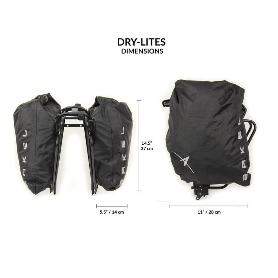 Sacoches etanches Arkel Dry-Lites 2 x 14L avec dimensions, parfaites pour velo et protection contre pluie
