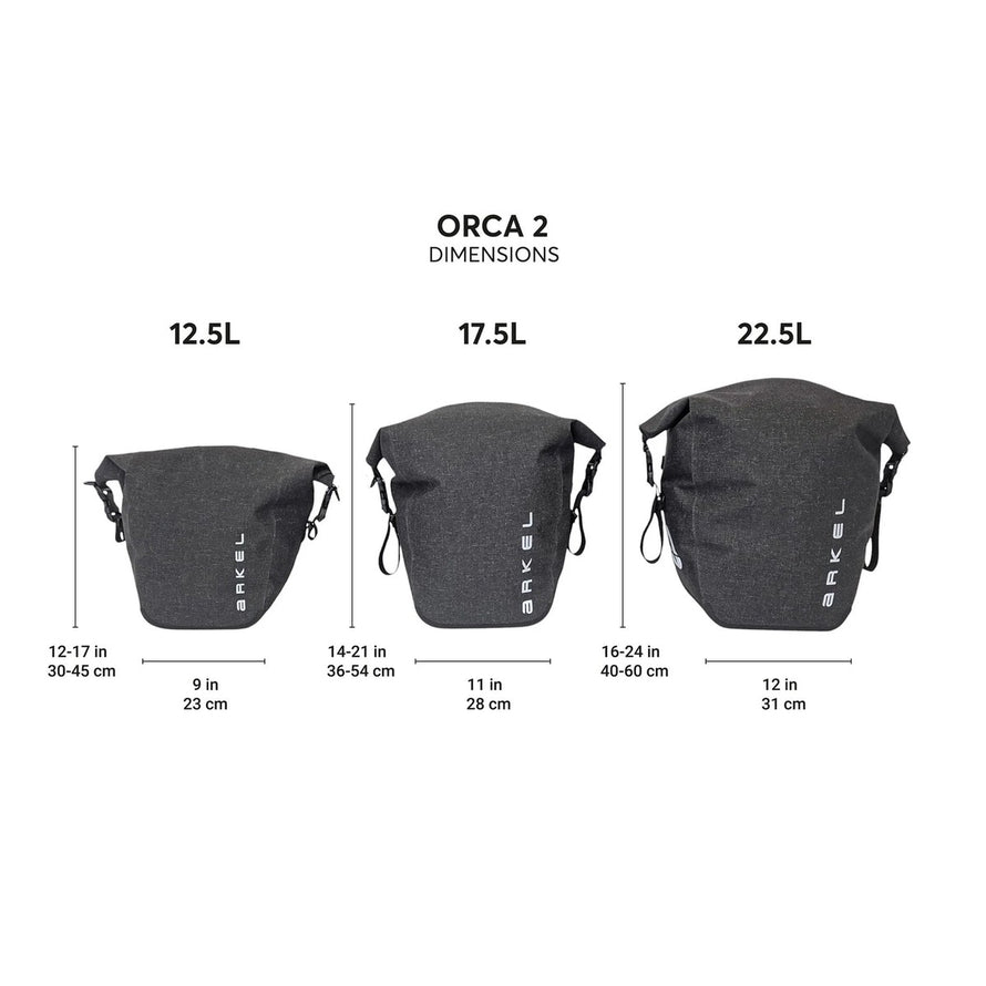 Sacoches etanches Arkel Orca 2 noir 17,5L avec dimensions pour cyclotourisme et velo