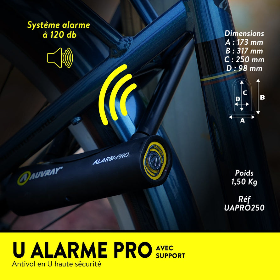 Antivol en U Auvray Alarm Pro avec alarme 120db et support, sécurité renforcée certifiée SRA et ART