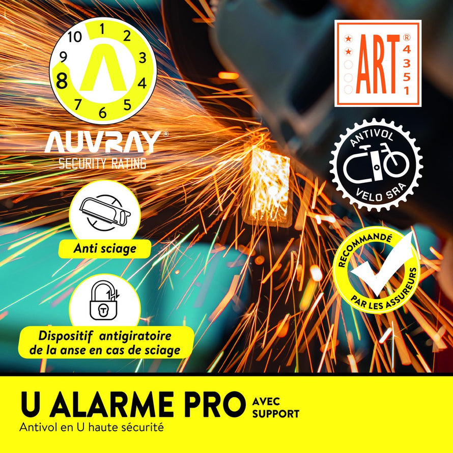 Antivol en U Auvray Alarm Pro avec alarme et dispositif antigiratoire, certifié SRA et ART, haute sécurité vélo
