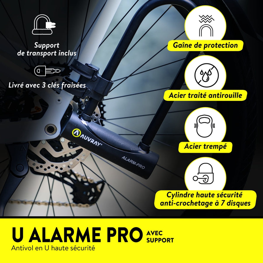 Antivol U Auvray Alarm Pro avec cylindre anti-crochetage et acier trempe, securite certifiee SRA et ART