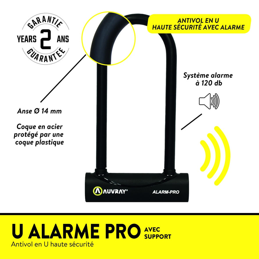 Antivol en U Auvray Alarm Pro avec alarme 120db, coque acier et protection plastique, certifié SRA et ART