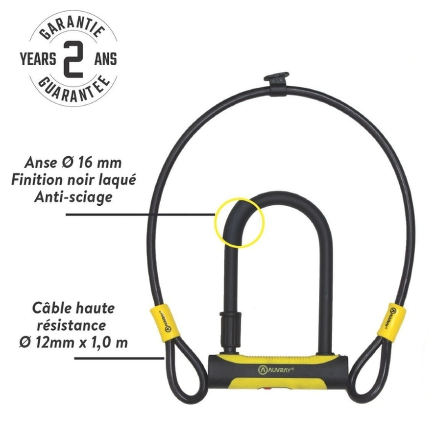 Antivol U 2-en-1 Auvray U ROC avec cable haute resistance et support fixation pour velo securise