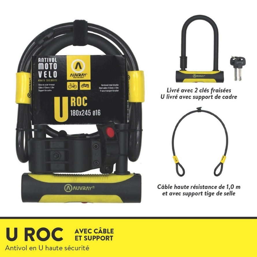 Antivol U 2-en-1 Auvray U ROC avec cable securite et support fixation pour proteger efficacement votre velo