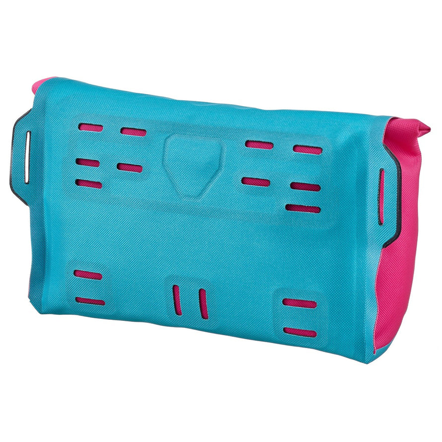 Banane Ortlieb Velo-Sling 3L convertible en sacoche de guidon bleu et rose, idéale pour cyclistes urbains