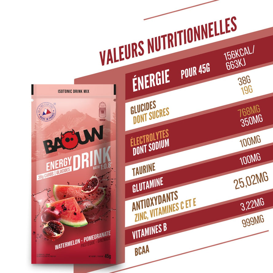 Boisson isotonique poudre Baouw saveur pastèque grenade 45 g pour énergie et récupération sportive