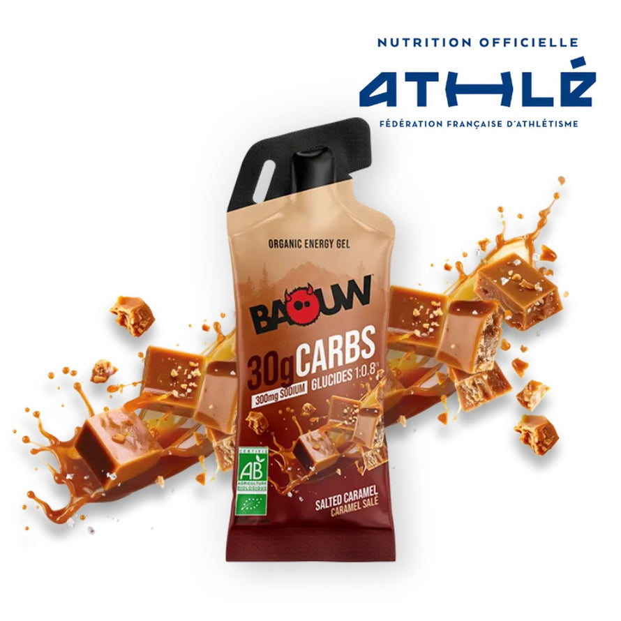 Gel énergétique bio Baouw caramel salé 44g en stick, énergie naturelle pour cyclistes et sportifs exigeants