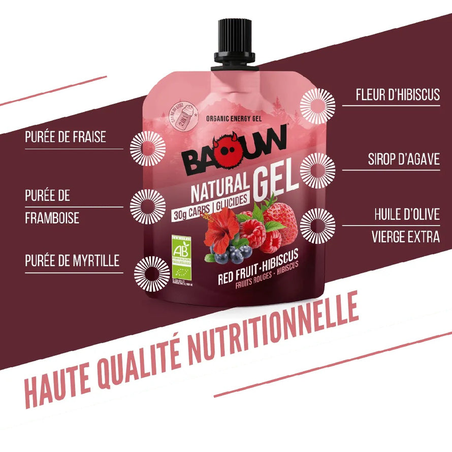 Gel energetique bio Baouw Fruits Rouges Hibiscus 85g en gourde pour performance sportive et energie naturelle
