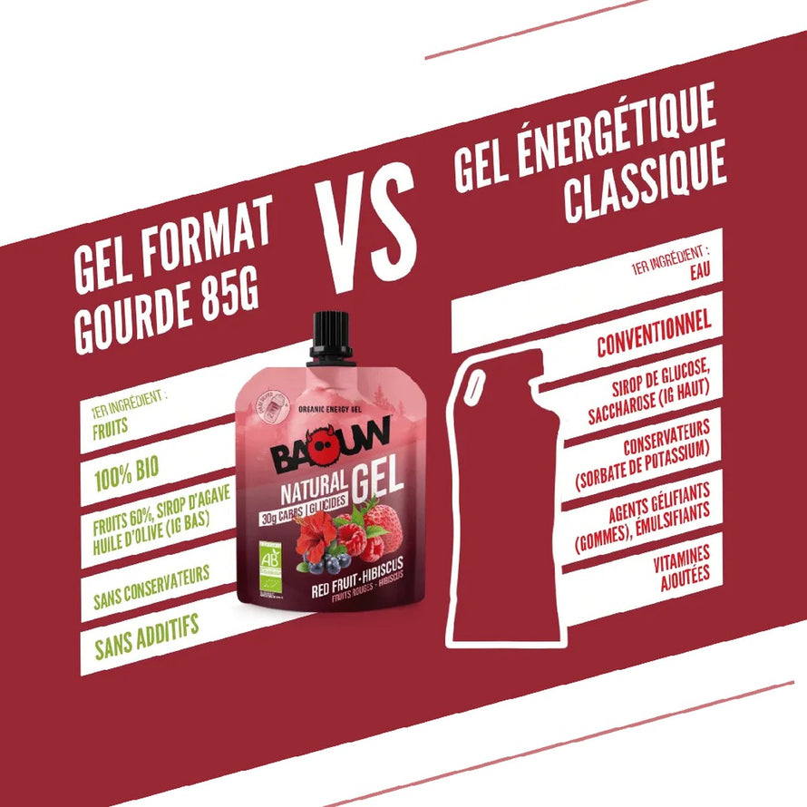 Gel energetique bio Baouw Fruits Rouges Hibiscus 85g en gourde, energie naturelle sans conservateurs ni additifs