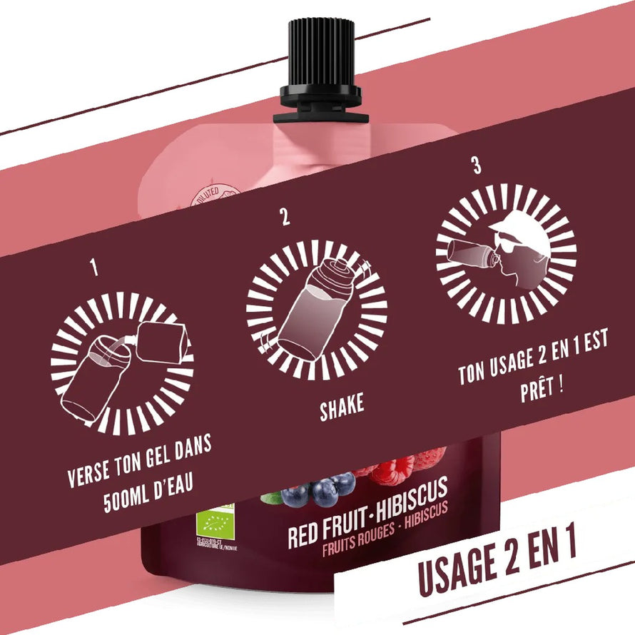Gel energetique bio Baouw Fruits Rouges Hibiscus 85g en gourde pour sport et energie bio durable