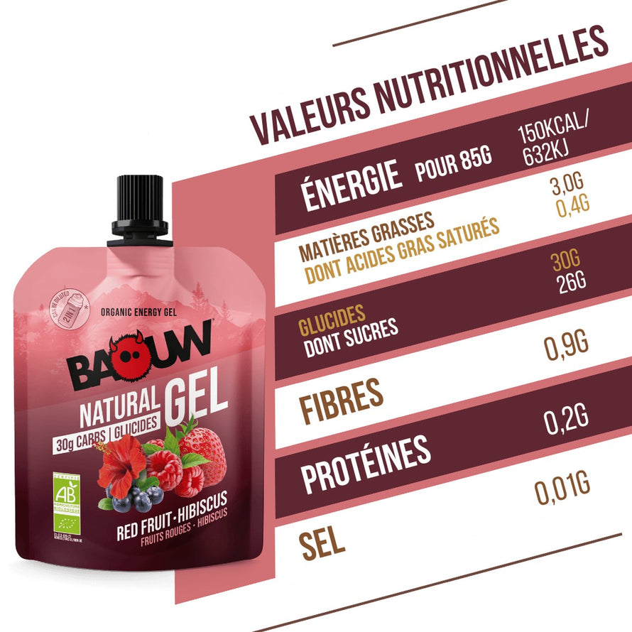 Gel energetique bio Baouw Fruits Rouges Hibiscus 85g en gourde pour energie et nutrition sportive naturelle