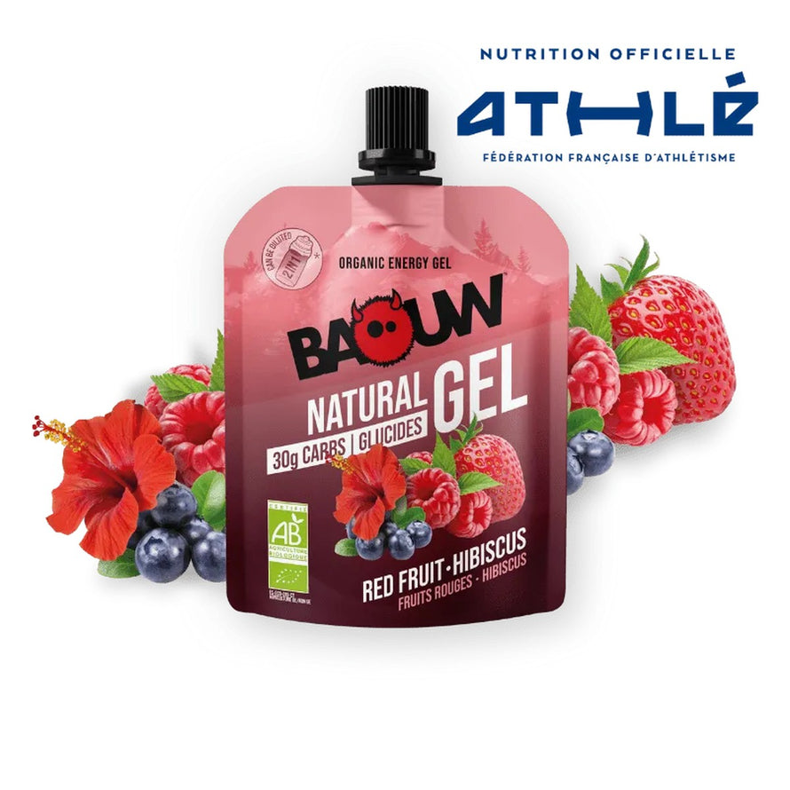 Gel energetique bio Baouw Fruits Rouges Hibiscus 85g en gourde pour endurance et energie naturelle cyclisme