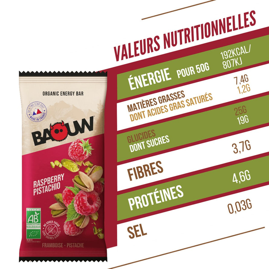 Pack nutrition bio Baouw Starter avec barres framboise pistache pour cyclistes exigeants