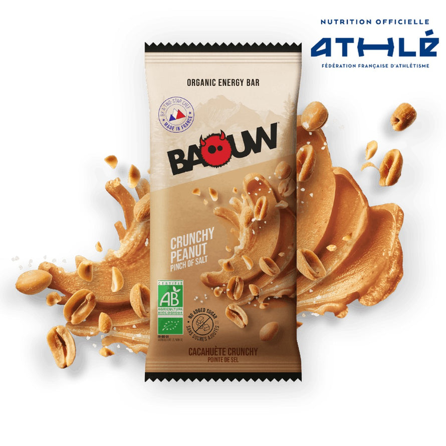 Pack nutrition bio Baouw Starter avec barres crunchy cacahuete et gels energétiques pour cyclisme