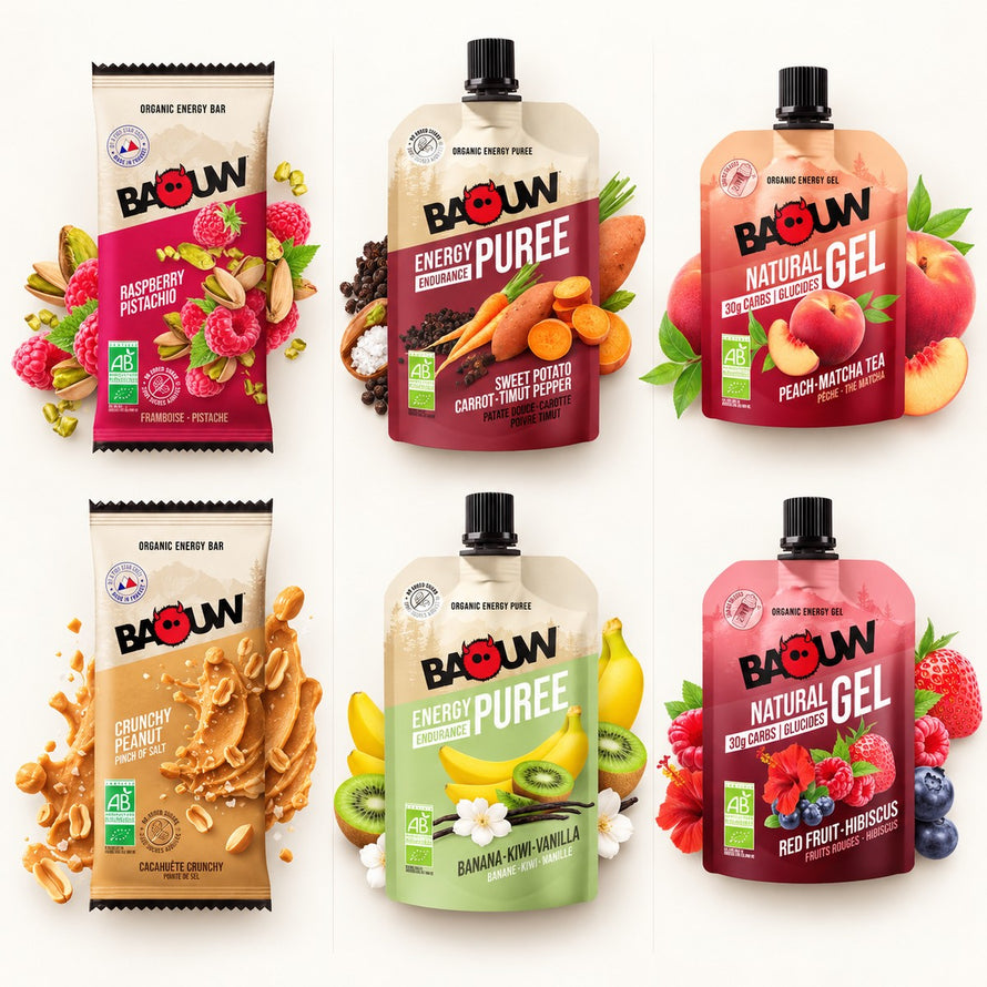 Pack nutrition bio Baouw Starter avec barres, purées et gels pour cyclistes recherchant énergie naturelle