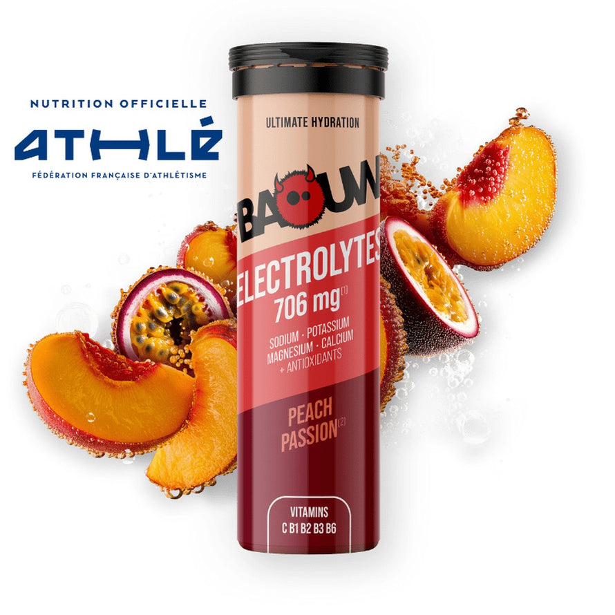 Pastilles electrolytes Baouw Peche Passion tube de 10 pour une hydratation rapide et energie sportive optimale