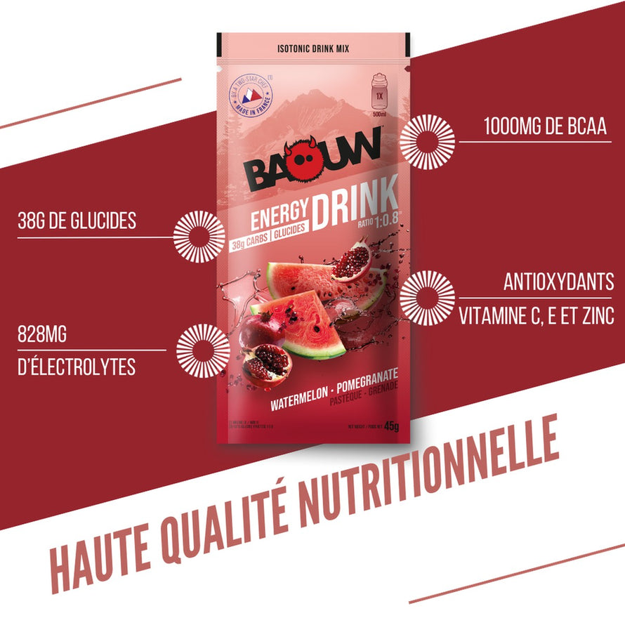 Boisson isotonique Baouw poudre pastèque grenade 45g pour hydratation et récupération sportive efficace