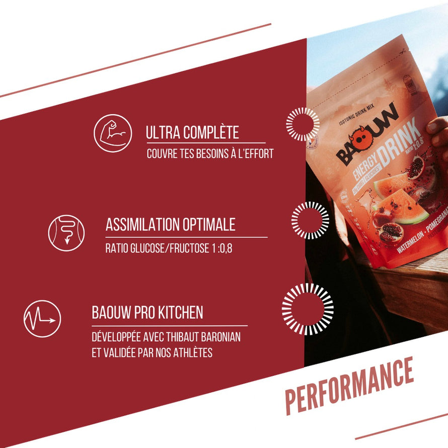 Boisson isotonique en poudre Baouw pastèque grenade 45g pour hydratation et énergie pendant l'effort sportif