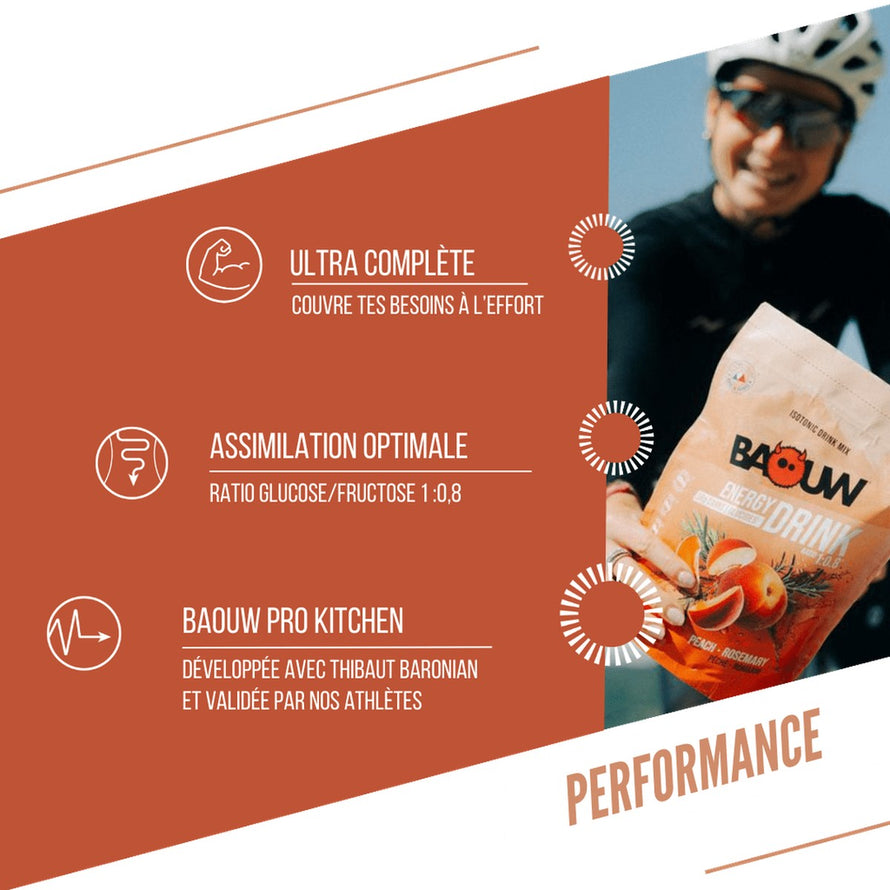 Boisson isotonique Baouw Pêche Romarin 45 g pour récupération rapide et hydratation pendant l'effort