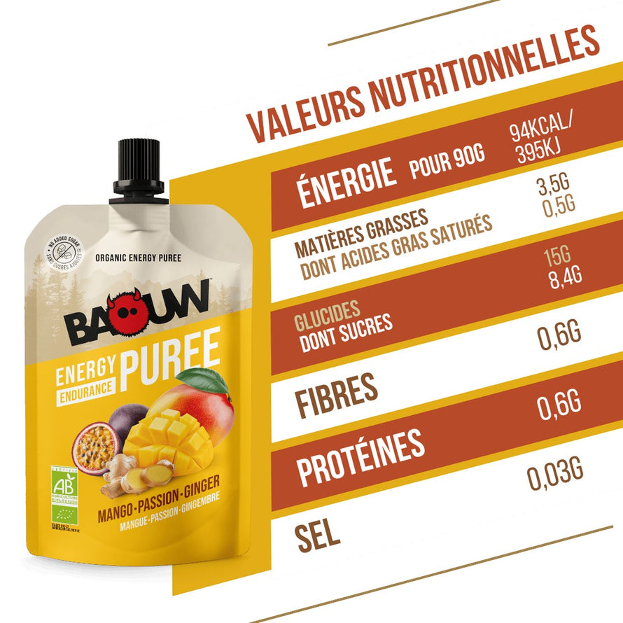 Purée énergétique Baouw Mangue Passion Gingembre 90g bio, énergie naturelle pour sportifs cyclistes en endurance