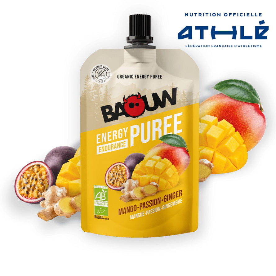 Purée énergétique Baouw Mangue Passion Gingembre 90g bio, énergie naturelle pour cyclistes en activité endurance
