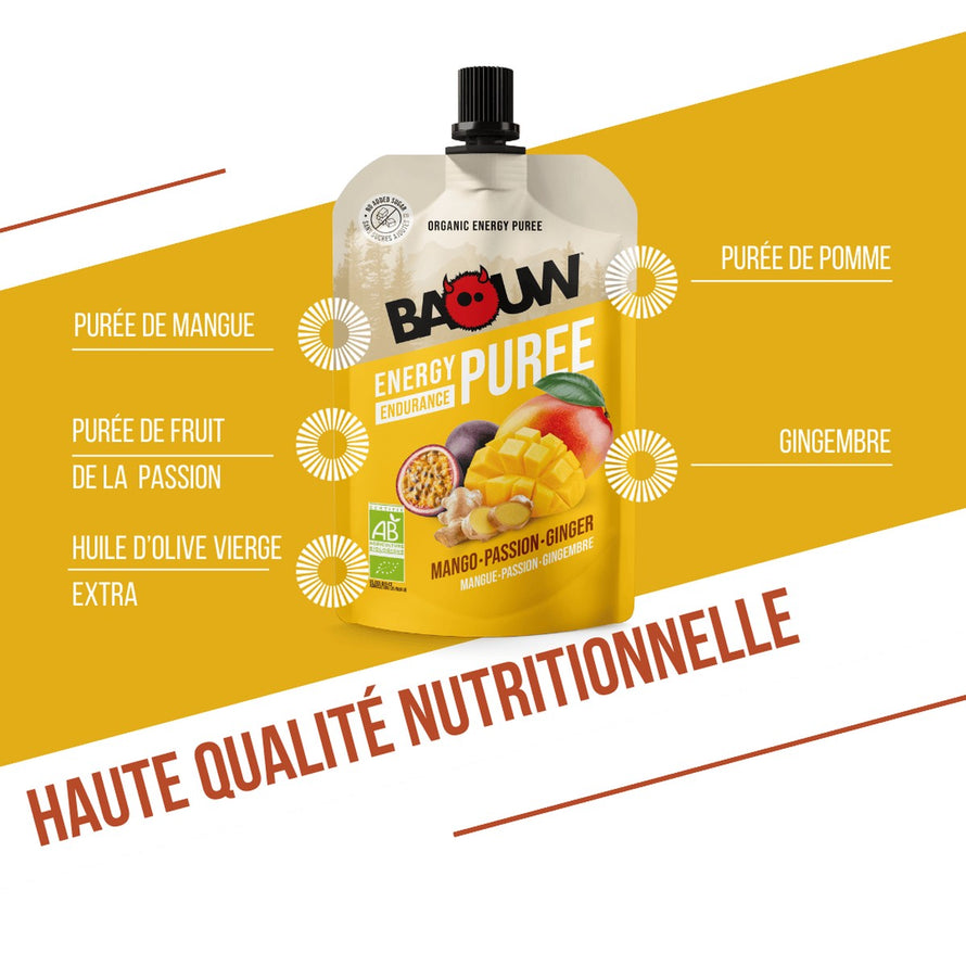 Purée énergétique Baouw Mangue Passion Gingembre 90g bio, sans gluten, idéale pour cyclistes endurance