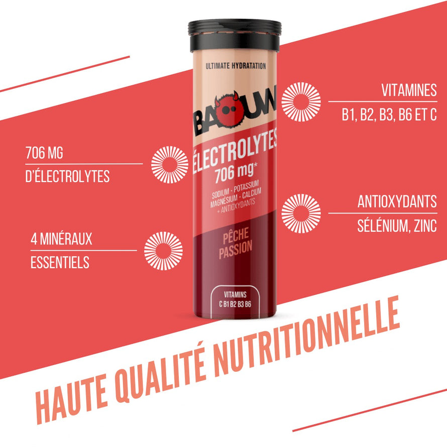 Tube de 10 pastilles electrolytes Baouw Peche Passion avec vitamines et mineraux pour hydratation et performance sportive