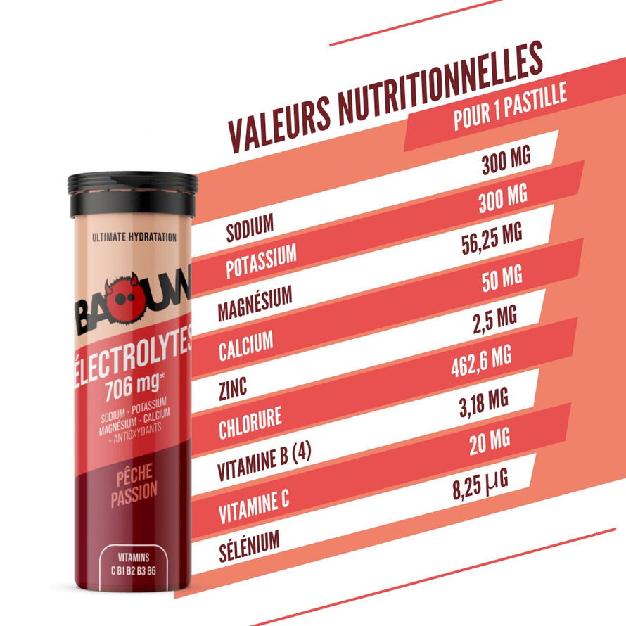 Tube de pastilles électrolytes Baouw saveur Pêche Passion pour une hydratation efficace et énergie durable