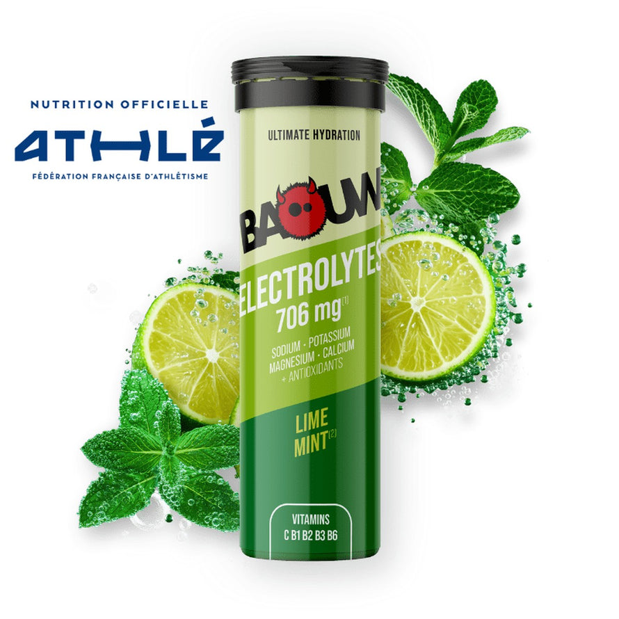 Tubes de 10 pastilles électrolytes Baouw citron vert menthe pour hydratation et récupération sportive
