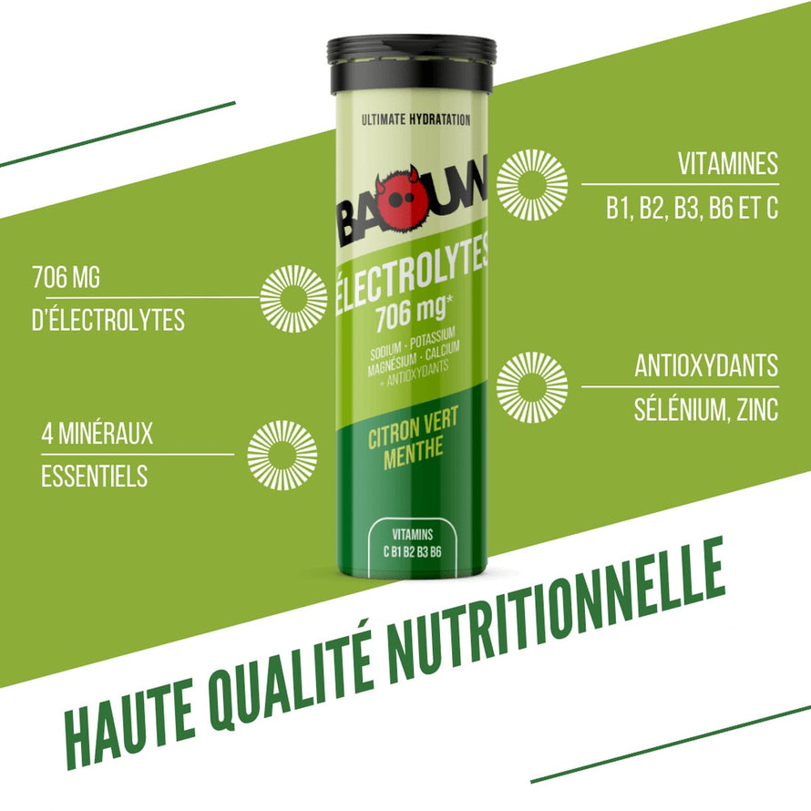 Tubes Baouw citron vert menthe 10 pastilles électrolytes pour hydratation sportive et apport en minéraux essentiels