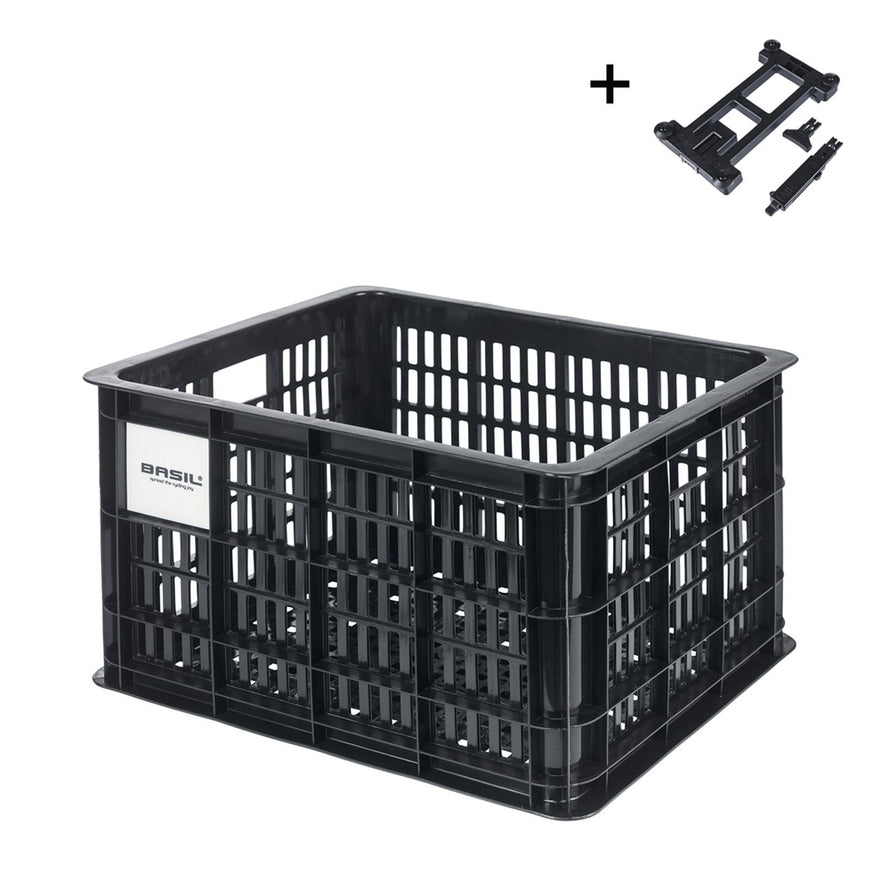 Caisse velo Basil MIK Crate 29,5L noire avec fixation rapide pour porte-bagages, pratique et robuste