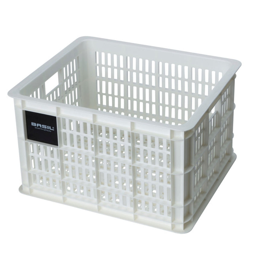 Caisse Basil Crate blanche pour porte-bagages vélo, robuste et légère pour un transport urbain sécurisé