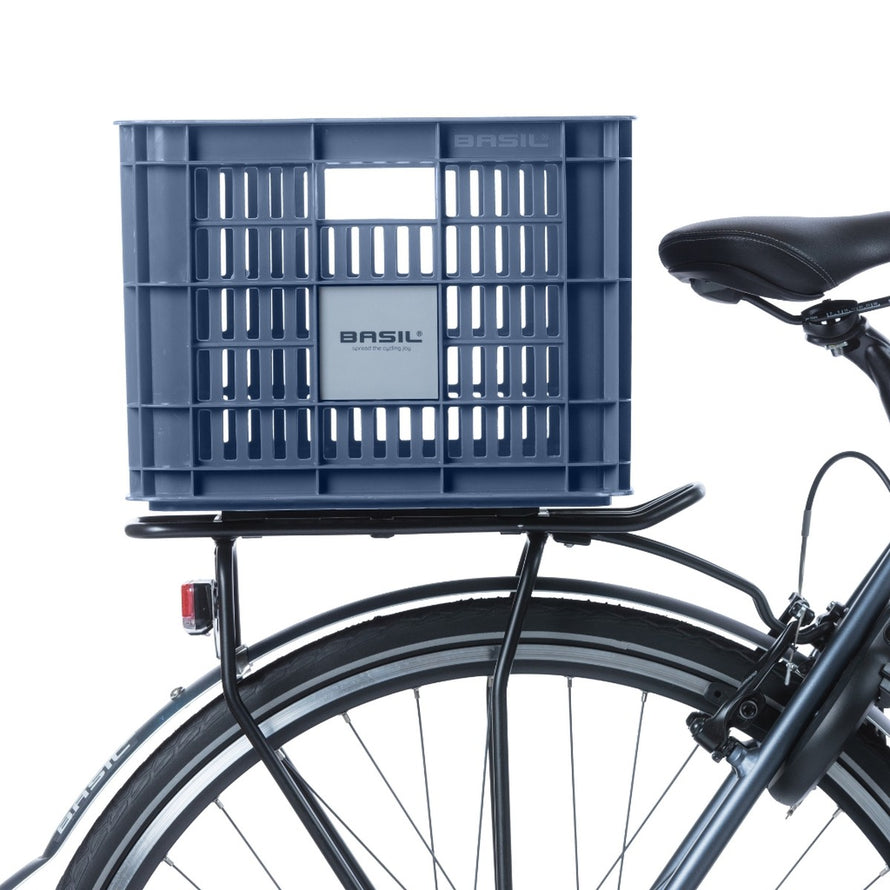 Caisse vélo Basil Crate bleu foncé pour porte-bagages, robuste et légère pour transport urbain sécurisé