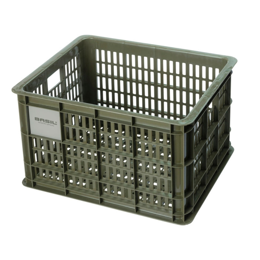Caisse vélo Basil Crate olive pour porte-bagages, durable et légère pour un transport urbain sécurisé