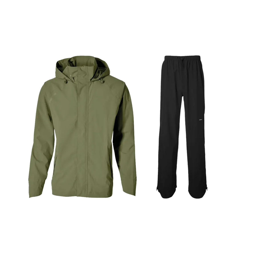Ensemble pluie vélo Basil Hoga unisexe vert et noir, veste imperméable avec capuche et pantalon confortable