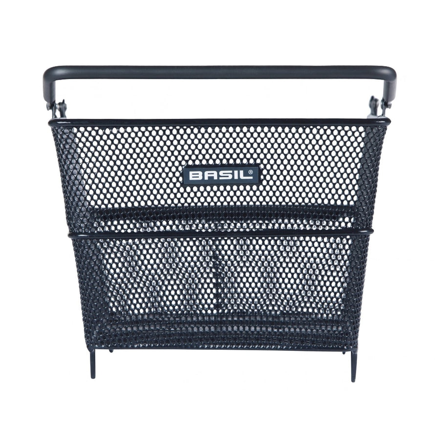Panier arriere Basil Cento en acier noir avec fixation MIK et Multi System, ideal pour transporter vos affaires a velo
