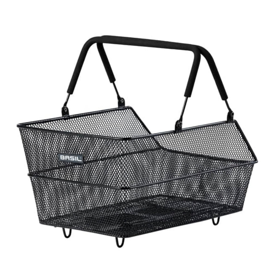 Panier arriere Basil Cento en acier noir avec systeme de fixation MIK et Multi System pour velo